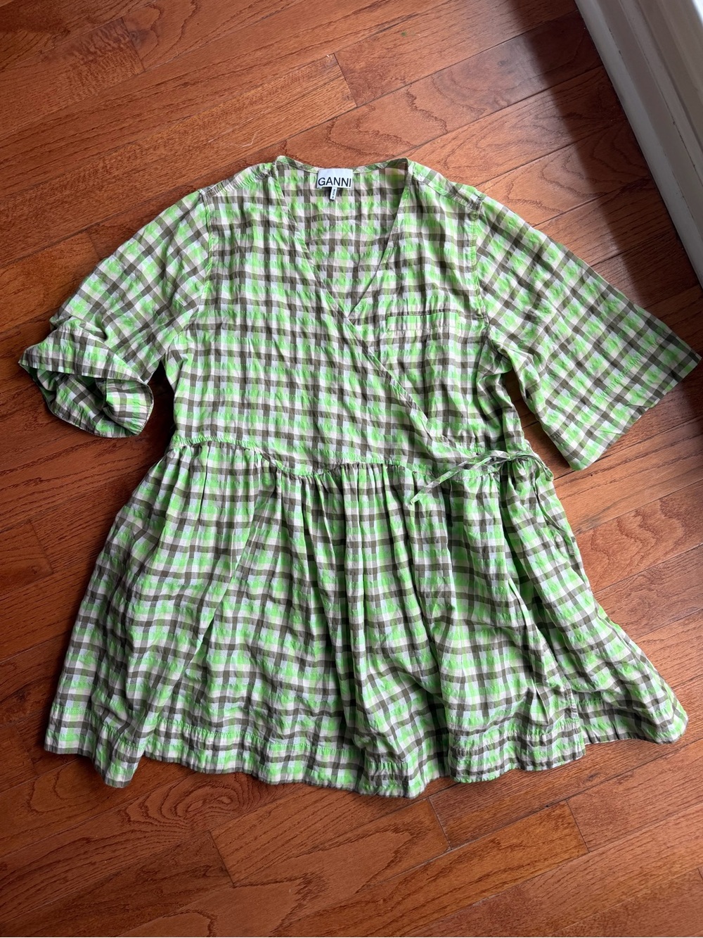 Ganni Green and White Plaid Tiered Casual Dress